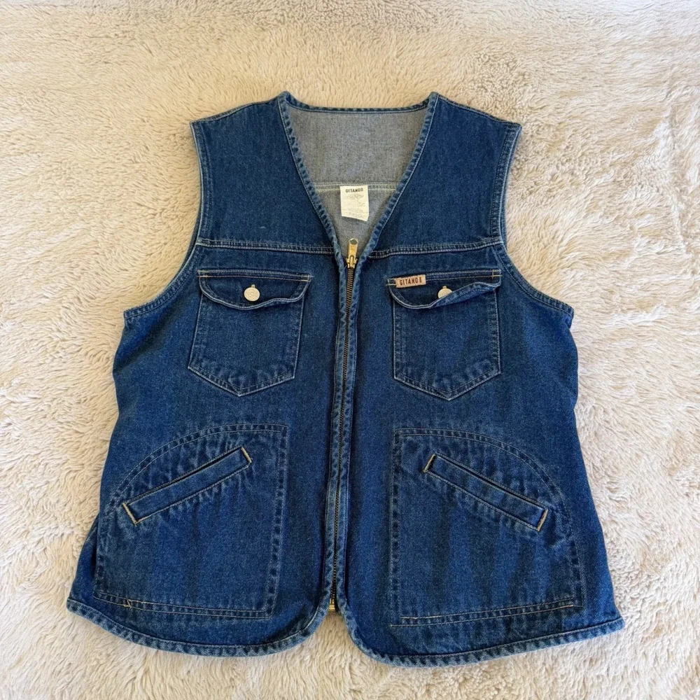 90s Vintage Blue Denim Zip Up Vest Utility Pockets Cotton Safari Y2K V‎ Neck